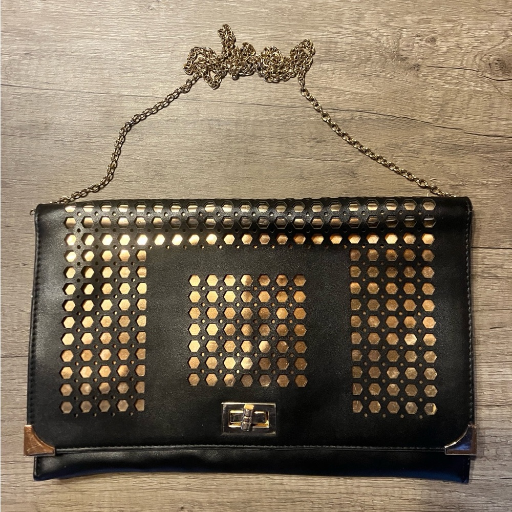 Black and gold lattice clutch